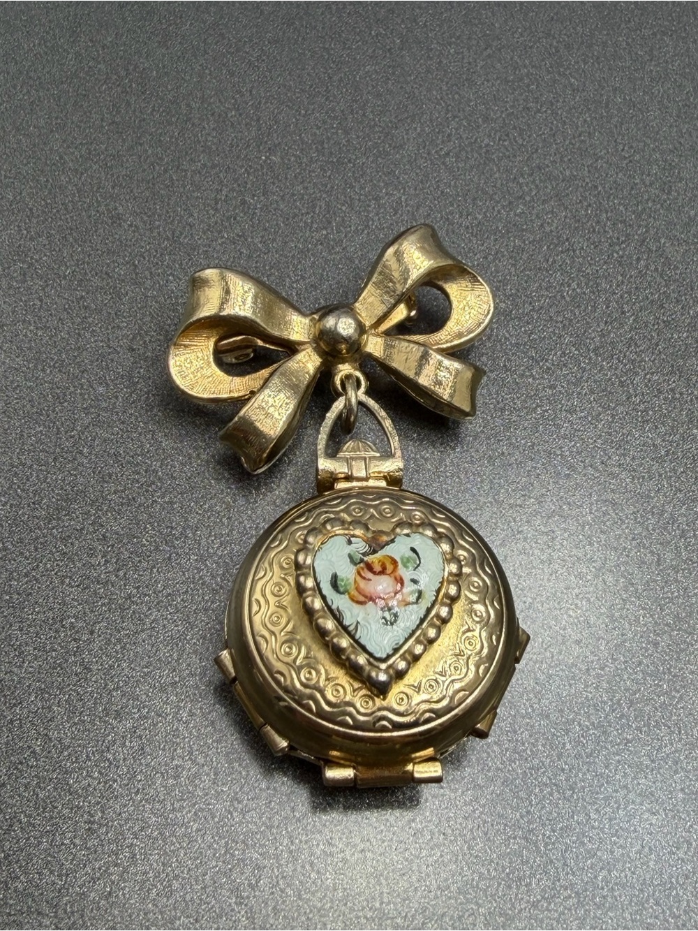 Vintage J Coro Heart and Bow Guilloche locket Brooch #78sb